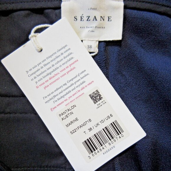NWT Sezane Austin in Marine Satin Back Crepe Belted Pleated Crop Pant 38 / 6 - Picture 3 of 6